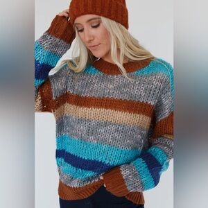 Gigio NWOT brown blue teal striped knit sweater Sz L